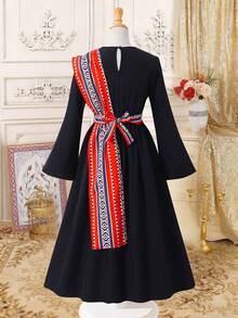 Tween Girl Round Neck Geometric Print Ruched Waist Tie Decor Casual Vacation Travel Flare Sleeve Dress - Multicolor - View 2