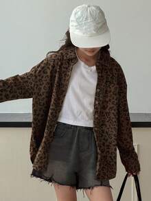 DAZY 女童豹纹翻领长袖休闲衬衫，秋季款 - 咖啡棕 - 查看 1