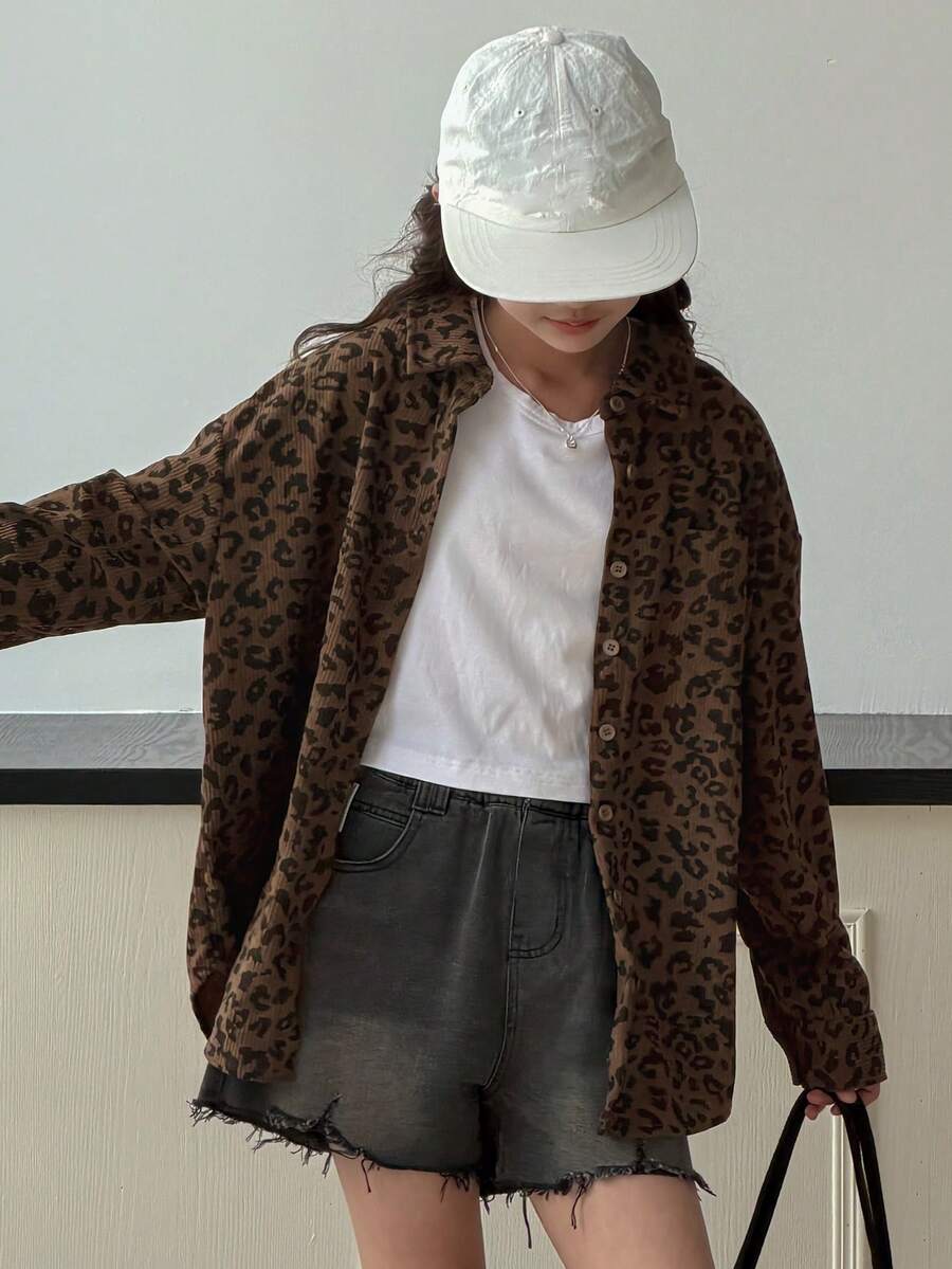 DAZY 女童豹纹翻领长袖休闲衬衫，秋季款 - 咖啡棕 - 查看 1