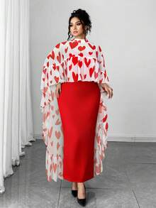 Elenzga 情人节加大码V领雪纺印花荷叶边披肩上衣+针织吊带连衣裙两件套，优雅派对装扮 - 紅色 - 查看 4