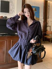 DAZY Women's Plaid Korean Style Long Sleeve Mini Dress - Blue - View 4