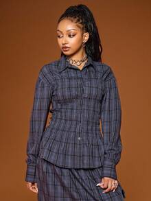COUREZ Chemise ajustée à manches longues froncée en carreaux noirs et bleus / Top à la mode Y2K pour l'automne et l'hiver, Top de sortie, streetwear, Nouvel An - Bleu marine - Voir 6