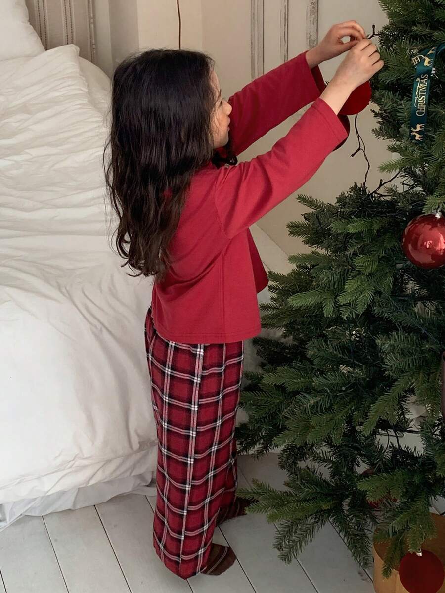 DAZY Young Girl Solid Color Round Neck Drop Shoulder Long Sleeve T-Shirt And Plaid Wide Leg Pants Loungewear Set