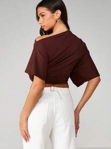 MISSGUIDED Off Shoulder Draped Long Sleeve Crop Top With Asymmetric Neckline And Ruched Waist Detail - Brown - View 2