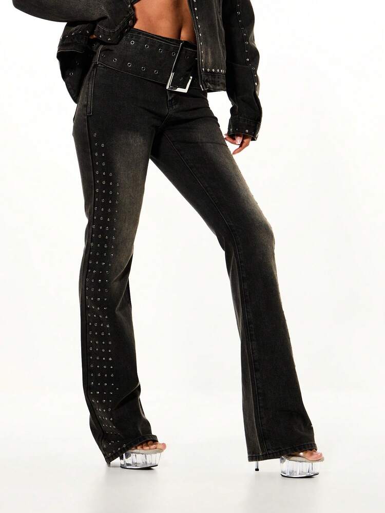 SUMWON WOMEN Low Rise Studded Straight Leg Jeans With Belt