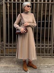 Vivie Lora Women Loose A-Line Long Sleeve Sweater Dress - Khaki - View 1