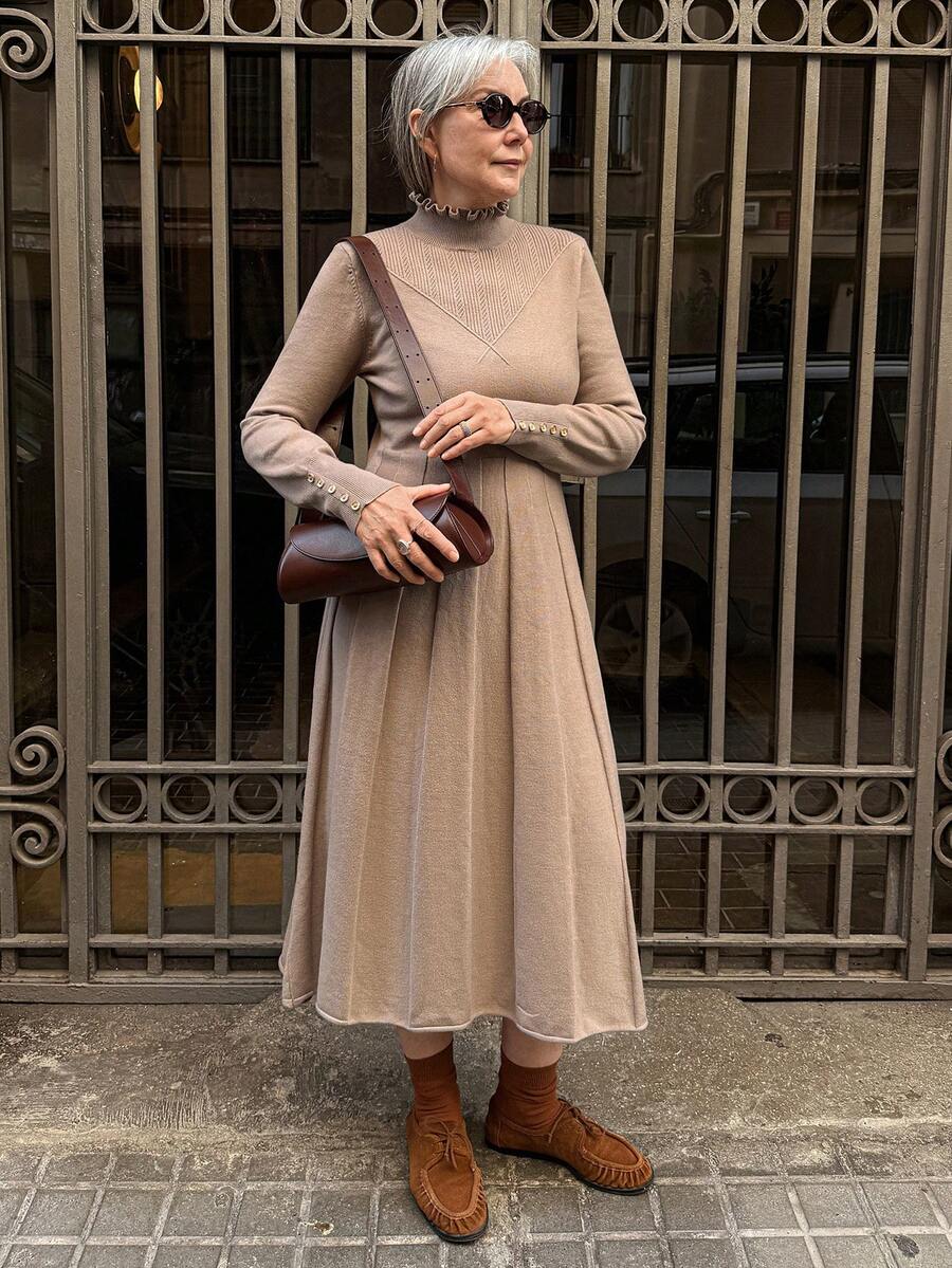 Vivie Lora Women Loose A-Line Long Sleeve Sweater Dress - Khaki - View 1