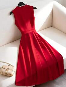 Franclia 女士优雅纯色无袖中长连衣裙，适合通勤 - 紅色 - 查看 2