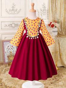 SHEIN Long-Sleeved Floral Print Sequin Abaya Arabic Muslim Young Girls Dresses Fitted Waist - Multicolor - View 11