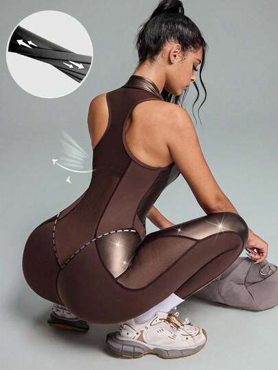 Innovista 奢华棕色双色拼接运动连体裤，内置胸罩，可拆卸胸垫，拉链设计，光泽弹力面料，网眼镂空，透气，收腹，适合运动、瑜伽、健身房、秋季户外健身。