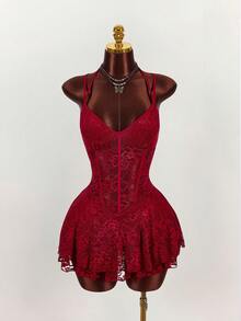 Amplova 复古无袖蕾丝拼接半透明心形胸线修身迷你连衣裙，性感 - 酒紅色 - 查看 7