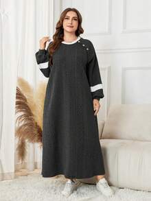 Lacomfia Plus Size Color Block Long Sleeve Casual Knit Hoodie - Black - View 3