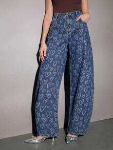 Anewsta Women's Washed Blue Laser Cut Heart Pocket Barrel Leg Jeans - Blue - View 7