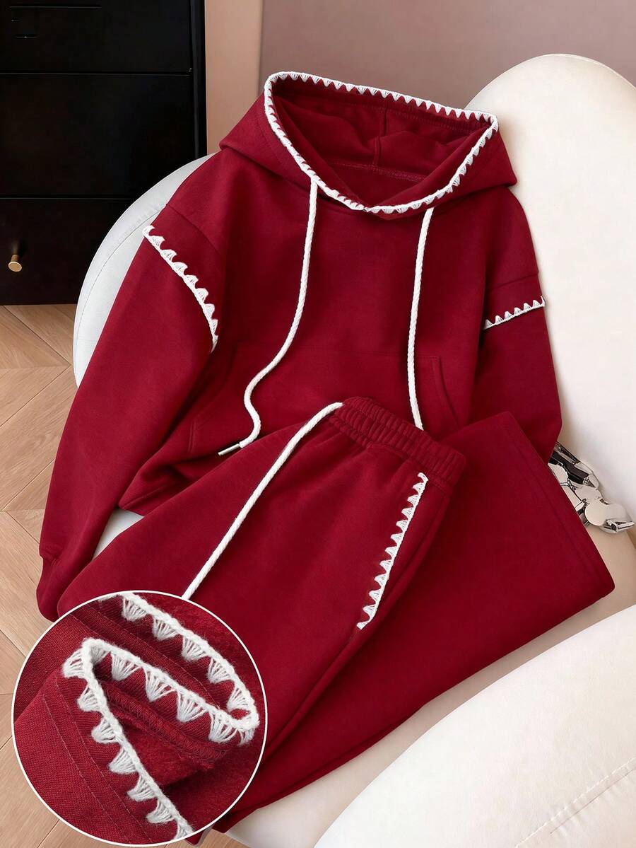 Resyla 两件套：时尚简约蕾丝边连帽衫，送朋友的绝佳礼物 - 酒紅色 - 查看 1