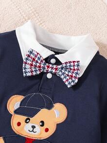 Conjunto De 2 Piezas Para Bebé Niño Con Diseño De Osito Estilo Caballero Para Todas Las Estaciones, Body De Manga Larga Con Cuello Polo Y Estampado De Osito Con Pajarita + Pantalones Largos De Estampado De Pata De Gallo, Conjunto De Moda Para Recién Nacido Niño - Azul Marino - Ver 3