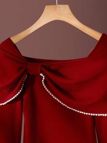 Franclia Petite Women's Elegant Burgundy Red Bow Decor Fitted Long Sleeve T-Shirt,Autumn Off Shoulder Top For Dinner Date,Commuter Wine Red Top ,Petite Women - Burgundy - View 7