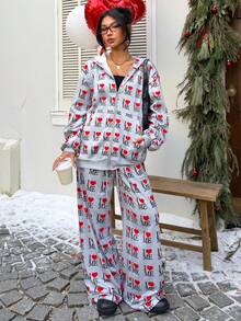 Muchica 灰色爱心字母印花连帽卫衣