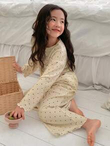 DAZY 2pcs Young Girl Girls Polka Dot Print Long Sleeve Top And Pants Knit Pajama Set, Fall