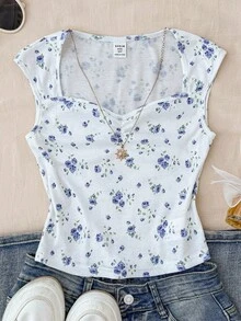 Tween Girl White Floral Knit Solid Ruched Bust Sweet Girl's School Casual Shoulder T-Shirt, Suitable For Back-To-School, Cute, Holiday Family Outdoor Fall Picnic, Everyday Wear - White - View 1