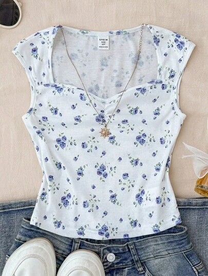 Tween Girl White Floral Knit Solid Ruched Bust Sweet Girl's School Casual Shoulder T-Shirt, Suitable For Back-To-School, Cute, Holiday Family Outdoor Fall Picnic, Everyday Wear