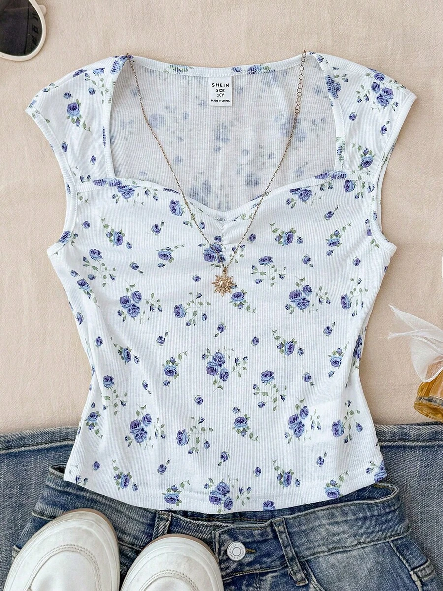 Tween Girl White Floral Knit Solid Ruched Bust Sweet Girl's School Casual Shoulder T-Shirt, Suitable For Back-To-School, Cute, Holiday Family Outdoor Fall Picnic, Everyday Wear - White - View 1