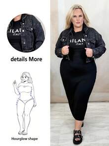 Hourglow Dollyholly86 Plus Size Women's Spring & Fall Casual Frayed Hem Long Sleeve Cropped Denim Jacket, For Hourglass Body Shape - Black - View 6