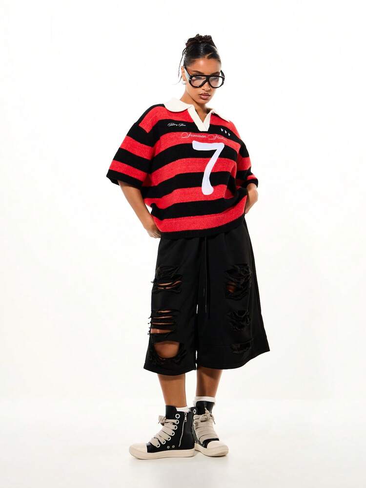 SUMWON Boxy Fit Oversized Short Sleeve Striped Contrast Collar Knitted Sweater With Number Seven Embroidery And Star Details For Casual Wear