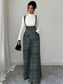 Elenzga Bộ jumpsuit nữ kẻ caro có túi, thời trang, đa năng, thích hợp cho kỳ nghỉ, với ống quần rộng. - Màu xanh lá cây đậm - Xem 7