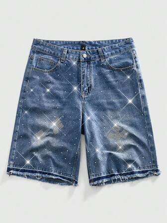 Street Life Short en jean décontracté pour hommes avec poche graphique croix strass