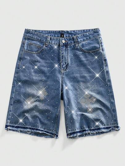 Street Life Men's Rhinestone Cross Graphic Pocket Casual Denim Shorts