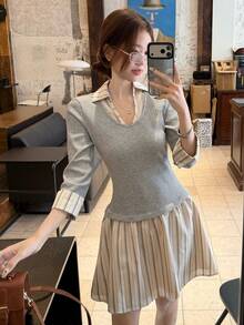 DAZY 充满青春气息的女士休闲撞色衬衫裙 - 灰色 - 查看 5