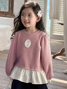 DAZY Sudadera casual de estilo coreano con cuello redondo y parches para niñas jóvenes, de manga larga - Rosa - Ver 5