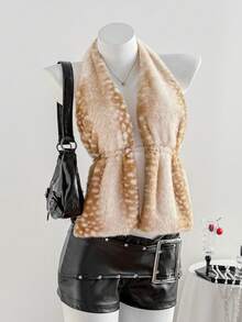 Comfortcana 2025秋冬新款时尚女士性感露背鹿纹仿毛皮吊带上衣，适合街头、度假、秋冬季节、圣诞节、新年、海滩、派对、优雅休闲等各种场合穿着。 - 紫紅色 - 查看 4