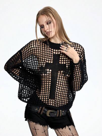 Breakform Women's Basic Sexy Gothic Style Hollow Cross Sweater, Suitable For Commuting