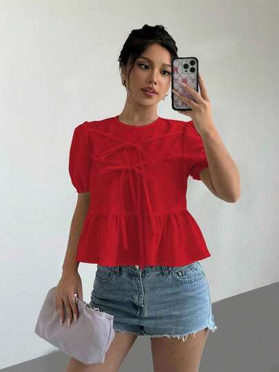 Elenzga Women's Summer Red Solid Color Round Neck Bubble Short Sleeve Bowknot Blouse, Peplum Top