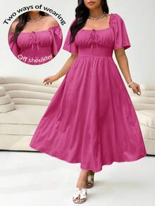 Solflare Plus Size Fuchsia Long Sleeve Dress, Spring/Summer - Hot Pink - View 1