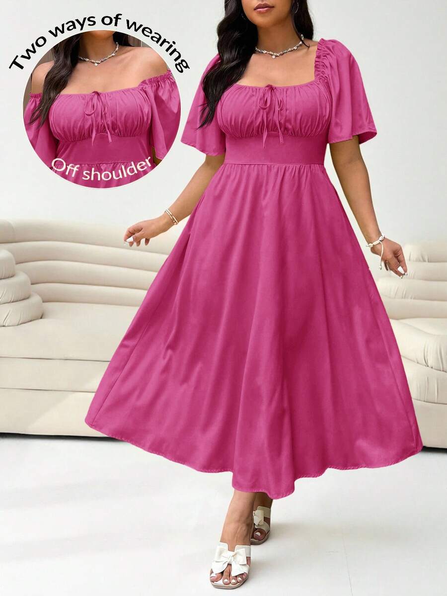 Solflare Plus Size Fuchsia Long Sleeve Dress, Spring/Summer - Hot Pink - View 1
