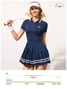 Gameset SHEIN Sport 女士字母球拍印花 Polo 领褶裥下摆运动连衣裙套装 - 藏蓝色 - 查看 4
