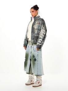 SUMWON WOMEN Oversized Grunge Bomber Jacket With Distressed Vintage Wash And Mixed Print Graphics Perfect For Streetwear Winter Fall Layering - Multicolor - View 5