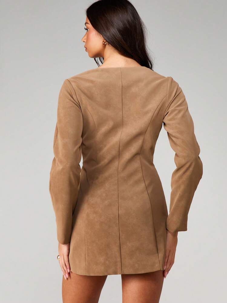 MISSGUIDED Ballonärmel Wildleder V-Ausschnitt Knopfverschluss Mini-Kleid mit langen Ärmeln und figurbetonter Silhouette für Herbst-Winter-Anlässe