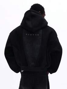 SUMWON 男士休闲黑色拉链连帽衫，白色侧条纹，宽松版型，拼接设计，纯色 - 黑色 - 查看 6