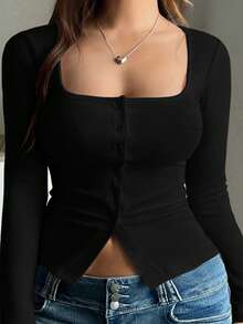 Vionelle Áo thun nữ cỡ lớn phong cách Y2K tối giản, giản dị và dễ thương kiểu Mỹ cổ vuông, tay dài, màu trơn, thích hợp cho mùa xuân/hè, phù hợp cho các cô gái sành điệu đi học hàng ngày và mặc ở nhà. - màu đen - Xem 6