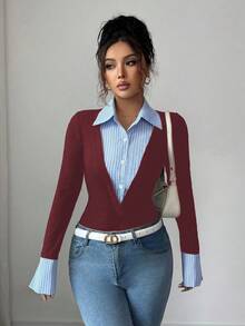 SHEIN Unity 女款優雅拼接條紋收腰長袖上衣 - 酒紅色 - 查看 4