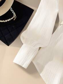 GlowEve 春夏新款休闲优雅时尚简约办公通勤女式户外金属扣白色腰带收腰条纹长袖女式衬衫