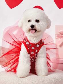 PETSIN 1件宠物通用情人节红色爱心亮片网纱拼接奢华公主裙 - 彩色 - 查看 3