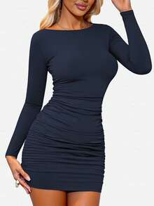 INAWLY Gaun Kasual Minimalis Polos untuk Wanita, Cocok untuk Pakaian Sehari-hari di Musim Gugur - Navy Blue - View 6