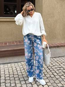 SHEIN 孕妇款印花宽松弹力腰休闲蓝色牛仔裤，春夏情人节嘉年华服装通勤度假毕业时尚Y2K可爱街头风派对婚礼优雅商务休闲女式时尚印花牛仔裤高腰宽松阔腿牛仔裤，日常穿着 - 藍色 - 查看 4