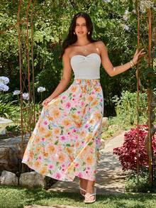 KARISMINA 女士宽松印花梭织半身裙，春夏度假印花长裙，花园派对必备 - 彩色 - 查看 4