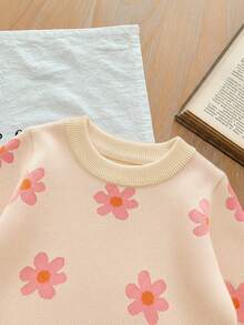 SHEIN LMoss Kids LMoss Baby Girl Floral Pattern Knitted Long Sleeve Sweater, Cute And Versatile, Autumn/Winter - Apricot - View 3
