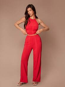 Lazeform Women's Ribbed Knit Halter Jumpsuit Sleepwear - Red - View 5